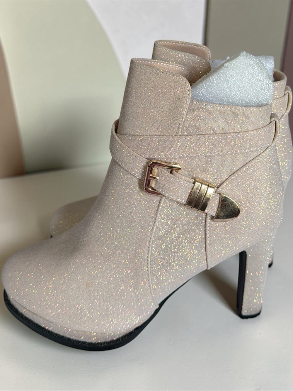Glitter Ankle Booties with Gold Buckle - Light Pink